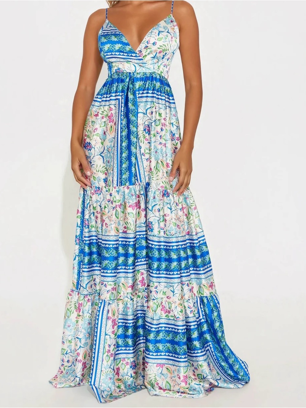 NWT Fashion Nova Blue & White Floral Patchwork Maxi Dress
